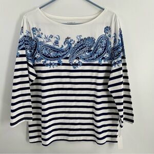 NWT Talbots Cotton Striped Paisley Bateau Neck 3/4 Sleeve Pullover T-Shirt Top